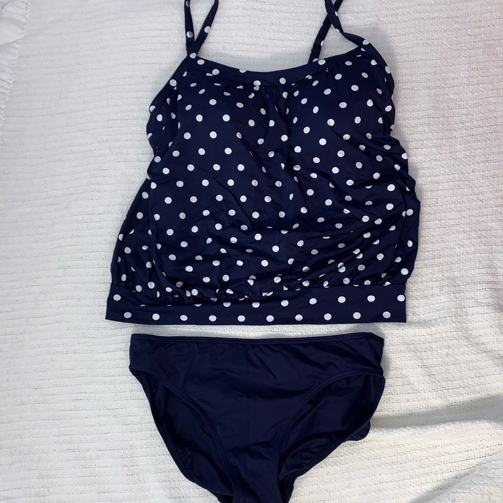 Lands' End Tankini Set Navy White Polka Dot Solid Bikini Size 8 / 10